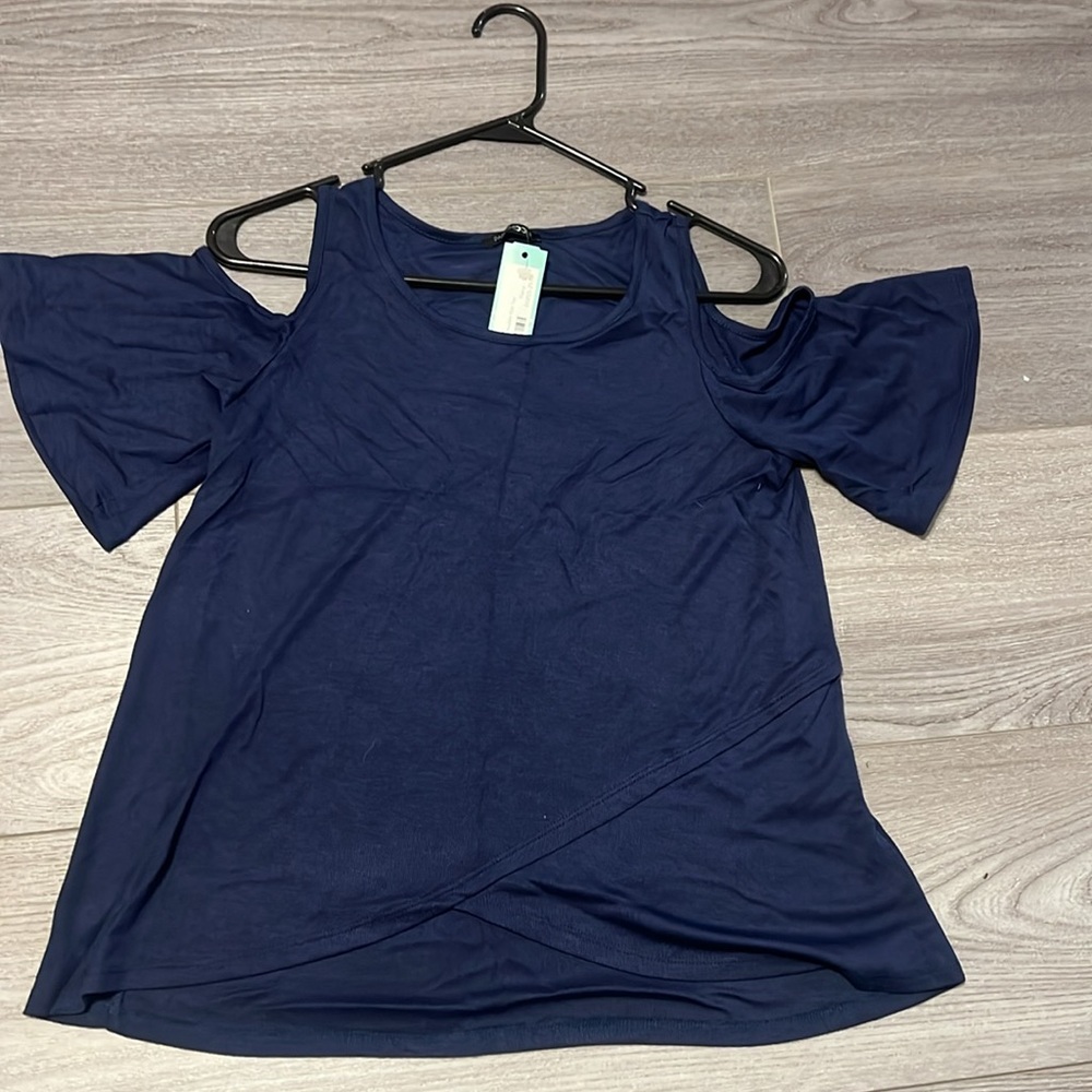 Navy Blue cold shoulder knit top
